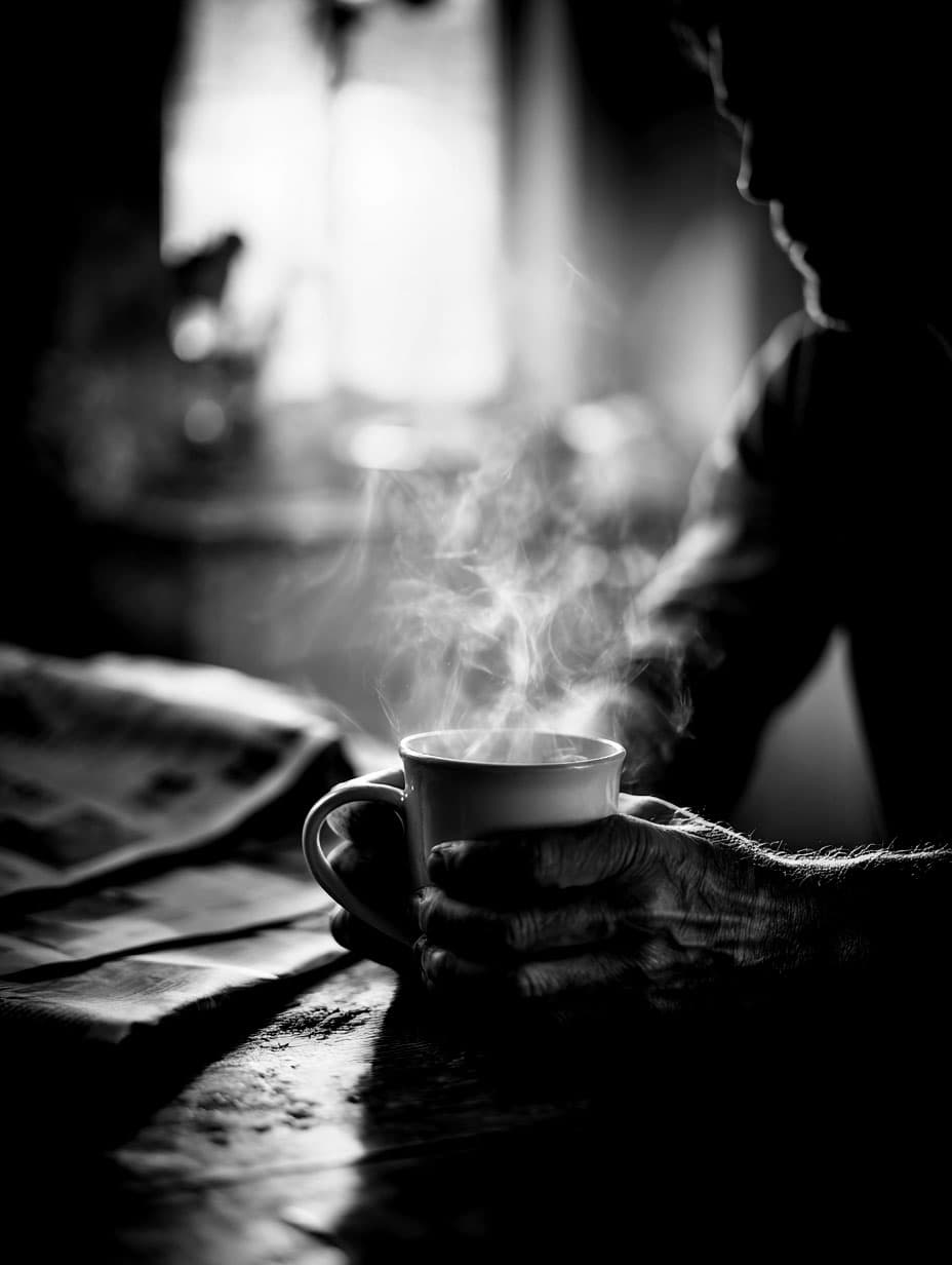 Des mains autour d'une tasse de café fumante près d'une fenêtre