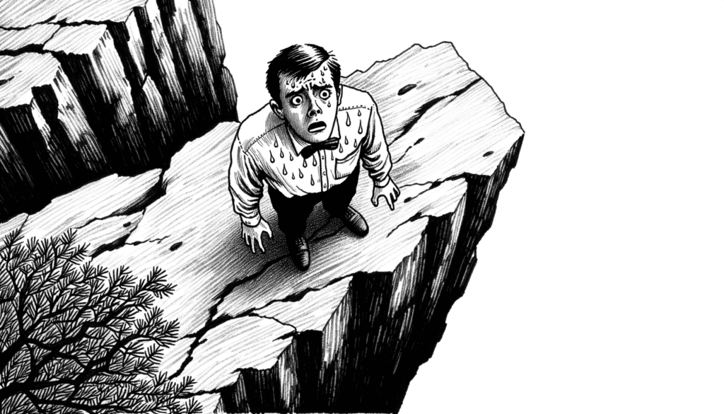 DALL·E 2023 10 24 11.10.10 Ink drawing, 16 9, depicting a person standing at the edge of a cliff, looking down with widened eyes and sweat on their forehead, symbolizing the fea