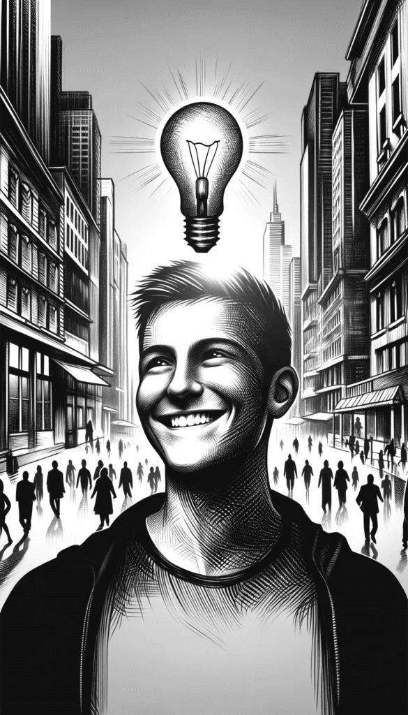 DALL·E 2023 11 07 15.26.10 A smiling person with no specified descent or gender standing amidst a bustling urban landscape. This person is having a moment of self realization a