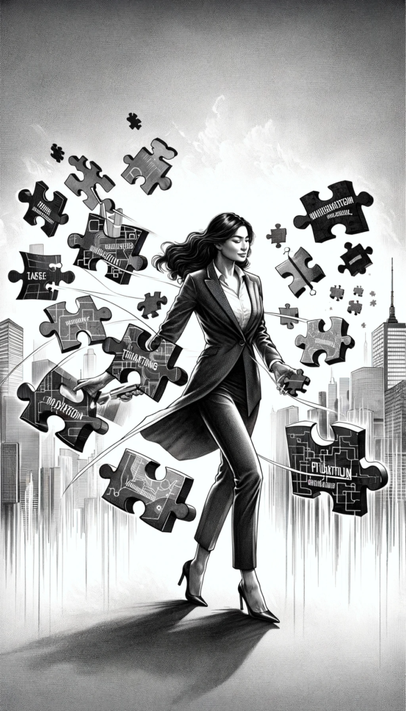 DALL·E 2023 11 07 15.27.33 A monochrome ink illustration of an entrepreneur depicted as a metaphor for building future success. The entrepreneur a South Asian female in her mi