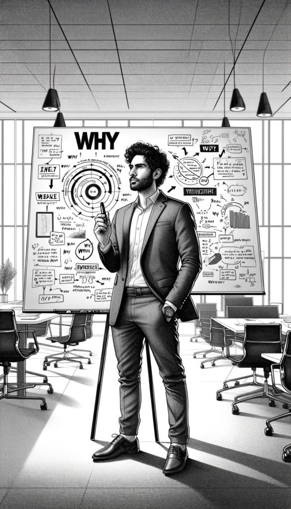 DALL·E 2023 11 07 16.10.54 A professional of Middle Eastern descent dressed in a smart casual outfit stands in front of a large whiteboard. The whiteboard is filled with diagr
