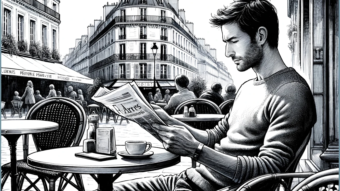 DALL·E 2024 02 07 09.31.05 A 30 year old Parisian man sitting at a cafe terrace, reading the day's newspaper. The scene captures the essence of a relaxed morning in Paris. The m