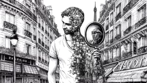 DALL·E 2024 04 09 16.24.14 Imagine a scene depicted in a detailed black and white ink drawing. The entire 16 9 space is filled with the image of a Parisian man wearing jeans a
